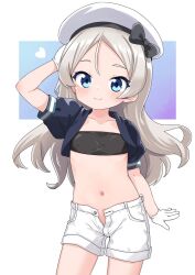 Rule 34 | 1girl, arm up, bandeau, black bow, blue eyes, blush, bow, closed mouth, gloves, grey hair, hat, heart, javelin (kancolle), kantai collection, long hair, looking at viewer, nassukun, short shorts, short sleeves, shorts, simple background, solo, white gloves, white hat, white shorts