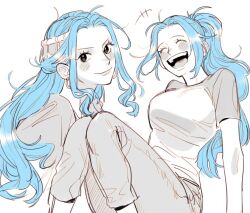 Rule 34 | 1girl, blue hair, blush, chanko neru, closed eyes, earrings, eyelashes, headgear, jewelry, laughing, long hair, looking at viewer, nefertari vivi, one piece, partially colored, ponytail, sitting, smile, teeth, tongue, variations