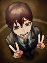 Rule 34 | 1girl, black footwear, black jacket, black necktie, black pants, brown hair, chainsaw man, chromatic aberration, close-up, collared shirt, double v, foreshortening, formal, hair ornament, hairclip, higashiyama kobeni, highres, jacket, kota 2kx, looking to the side, mole, mole on cheek, mole under eye, mole under mouth, multiple moles, necktie, open mouth, pants, shirt, shirt tucked in, short hair, single sidelock, solo, suit, suit jacket, v, wavy mouth, white shirt