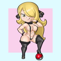 Rule 34 | 1girl, black one-piece swimsuit, blonde hair, blush, breasts, cameltoe, chibi, creatures (company), curvy, cynthia (pokemon), full body, fur collar, game freak, grey eyes, hair ornament, hair over one eye, heavy breathing, highres, long hair, looking at viewer, nintendo, one-piece swimsuit, pokemon, pokemon bdsp, shiny skin, shortstack, sleepiitreat, slingshot swimsuit, smile, standing, swimsuit, thick thighs, thighhighs, thighs, very long hair