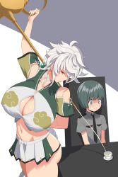 Rule 34 | 1boy, 1girl, admiral (kancolle), asymmetrical hair, braid, breasts, brown eyes, cleavage cutout, clothing cutout, commentary request, cup, decantering, dress, green eyes, green hair, highres, holding, holding teapot, huge breasts, kantai collection, kloah, little boy admiral (kancolle), long hair, midriff, pleated dress, pouring, short hair, single braid, table, tea, teacup, teapot, unryuu (kancolle), very long hair, white hair