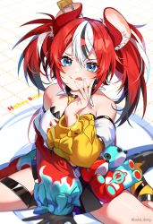 Rule 34 | 1girl, animal ears, artist name, bare shoulders, black gloves, blue eyes, cheese, collar, dice hair ornament, facing viewer, food, gloves, hair ornament, hakos baelz, highres, hololive, hololive english, looking at viewer, mouse ears, red hair, sake dong, short hair, sitting, smile, solo, spiked collar, spikes, thigh strap, tongue, tongue out, twintails, virtual youtuber, wariza