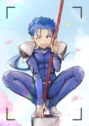Rule 34 | 1boy, blue hair, cu chulainn (fate), fangs, fate/stay night, fate (series), full body, gae bolg (fate), cu chulainn (fate/stay night), long hair, male focus, one eye closed, open mouth, polearm, red eyes, smile, solo, spear, v, viewfinder, weapon, yami no naka