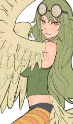 Rule 34 | 1girl, absurdres, bird tail, breasts, coke-bottle glasses, eyewear on head, feathered wings, feathers, glasses, green feathers, green hair, green tank top, green wings, harpy, highres, large breasts, long hair, looking at viewer, midriff, monet (one piece), monster girl, nebula flabby, one piece, pantyhose, simple background, solo, striped clothes, striped pantyhose, tail, tank top, white background, winged arms, wings, yellow eyes