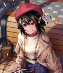 Rule 34 | 1girl, absurdres, artist name, aya (lezon), bag, bare legs, belt, bench, black hair, black socks, camera, casual, coat, commentary, copyright name, cover, day, english commentary, english text, fashion, handbag, hat, highres, holding, leaf, light particles, looking at viewer, magazine cover, outdoors, pointy ears, purple skirt, red eyes, shameimaru aya, shoes, short hair, sitting, skirt, smile, socks, solo, stone floor, sweater, touhou