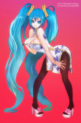 Rule 34 | 1girl, aqua eyes, aqua hair, bracelet, character name, china dress, chinese clothes, dress, hand on own chest, hatsune miku, high heels, jewelry, leaning forward, long hair, pantyhose, pigeon-toed, solo, tenyoku no soubei, twintails, very long hair, vocaloid