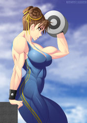 Rule 34 | 1girl, alternate costume, bare shoulders, breasts, brown eyes, brown hair, capcom, chun-li, cleavage, double bun, elee0228, exercising, female focus, hair bun, highres, large breasts, muscular, nextartist, parted lips, sleeveless, solo, street fighter, street fighter v, toned, weightlifting, weights