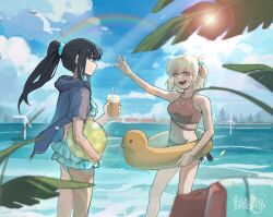 Rule 34 | 2girls, absurdres, ball, bare arms, beach, beachball, bikini, bird, black hair, blonde hair, blue bikini, blue eyes, blue jacket, blue scrunchie, blurry, blurry foreground, chinese commentary, closed mouth, cloud, commentary request, cup, day, feet out of frame, frilled bikini, frills, hair ornament, hair scrunchie, highres, holding, holding ball, holding beachball, holding cup, inflatable duck, inflatable toy, inoue takina, jacket, leaf, lens flare, long hair, lycoris recoil, medium hair, multiple girls, navel, nishikigi chisato, ocean, one side up, open clothes, open jacket, open mouth, outdoors, ponytail, rainbow, red bikini, red eyes, scrunchie, smile, swimsuit, tree, waving, windmill, yanlingjinshilihuahua