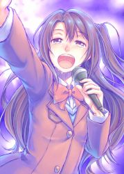 Rule 34 | 10s, 1girl, blazer, bow, brown eyes, brown hair, crying, crying with eyes open, half updo, idolmaster, idolmaster cinderella girls, jacket, long hair, microphone, one side up, open mouth, seven star, shimamura uzuki, smile, solo, tears