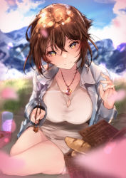 Rule 34 | 10s, 1girl, absurdres, alternate costume, anchor earrings, bad id, bad pixiv id, baguette, blue shirt, blurry, blush, bread, breasts, brown eyes, brown hair, cherry blossoms, chopsticks, cleavage, cleavage cutout, closed mouth, clothing cutout, collarbone, day, depth of field, dress, earrings, feeding, food, hair between eyes, head tilt, highres, hplay, incoming food, jewelry, kantai collection, large breasts, looking at viewer, mountainous horizon, mutsu (kancolle), open clothes, open shirt, outdoors, pendant, petals, picnic basket, pov feeding, ring, shirt, sitting, smile, solo, wedding band, white dress