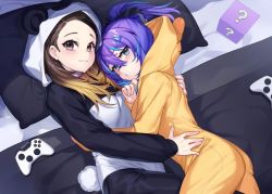 Rule 34 | 2girls, animal costume, animal hood, bed, blonde hair, blue eyes, blush, breasts, brown hair, commentary, commission, controller, english commentary, game controller, gendo0032, grey eyes, hair between eyes, hood, hood down, hood up, hooded pajamas, indie virtual youtuber, long sleeves, looking at viewer, lying, melody (projektmelody), multiple girls, pajamas, panda hood, pillow, ponytail, potasticpanda, purple hair, real life, second-party source, virtual youtuber, vshojo, xbox controller