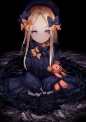 Rule 34 | 1girl, abigail williams (fate), black bow, black dress, black hat, blonde hair, blue eyes, blush, bow, bug, butterfly, closed mouth, commentary request, dress, fate/grand order, fate (series), forehead, hair bow, half-closed eyes, hat, highres, hugging object, insect, long hair, long sleeves, looking at viewer, multiple hair bows, orange bow, parted bangs, polka dot, polka dot bow, rai (sakuranbo sugar), sleeves past fingers, sleeves past wrists, smile, solo, stuffed animal, stuffed toy, teddy bear, tentacles, very long hair