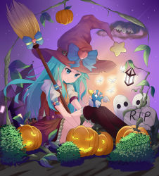 Rule 34 | 1girl, absurdres, bat (animal), black thighhighs, blue bow, blue eyes, blue hair, blue hat, bow, halloween, hat, heart, highres, jack-o&#039;-lantern, l4no, long hair, matching hair/eyes, original, outdoors, pumpkin, sitting, solo, star (symbol), thighhighs, tombstone, witch hat