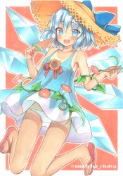 Rule 34 | 1girl, adapted costume, blue dress, blue eyes, blue hair, cirno, dress, food, full body, ice, ice wings, looking at viewer, marker (medium), mugicha (mugicha0929), one-piece tan, open mouth, outline, outside border, panties, pantyshot, popsicle, red background, sandals, short dress, smile, solo, tan, tanline, tanned cirno, touhou, traditional media, twitter username, underwear, watermelon bar, white panties, wings