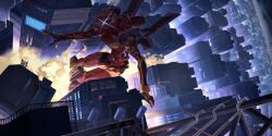 Rule 34 | 1girl, 1other, absurdres, arm support, building, city, eva 02, explosion, glowing, glowing eye, highres, kessennheiannkyou, long hair, mecha, neon genesis evangelion, night, night sky, no humans, perspective, polearm, rebuild of evangelion, robot, scenery, sky, two side up, very long hair, weapon