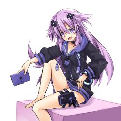 Rule 34 | 1girl, adult neptune, barefoot, blush, breasts, choker, d-pad, d-pad hair ornament, hair between eyes, hair ornament, himajin (starmine), holster, hood, hooded jacket, jacket, long hair, looking at viewer, medium breasts, neptune (series), shin jigen game neptune vii, simple background, sitting, smile, solo, thigh holster, unzipped, white background