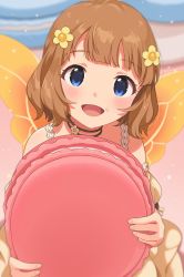Rule 34 | 1girl, blue eyes, blush, butterfly wings, commentary request, dress, food, food on face, happy, head tilt, highres, idolmaster, idolmaster million live!, idolmaster million live! theater days, insect wings, inuyama nanami, looking at viewer, open mouth, short hair, smile, solo, suou momoko, wings, yellow dress