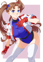 Rule 34 | 1girl, 34 (sanjushi), athletic leotard, blue eyes, breasts, brown hair, cropped jacket, gloves, hand on own chest, highres, jacket, large breasts, leaning forward, legs apart, leotard, long hair, looking at viewer, numan athletics, red gloves, red leotard, scrunchie, sharon les halles, short sleeves, smile, solo, thighhighs, thighs, twintails, white jacket, white thighhighs