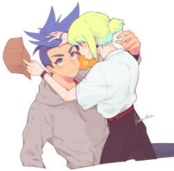 Rule 34 | 2boys, androgynous, artist name, baseball cap, belt, black pants, blue hair, blush, brown hoodie, collared shirt, commentary, earrings, from behind, galo thymos, green hair, hair bun, hand in another&#039;s hair, hat, heart, highres, holding, holding clothes, holding hat, hood, hoodie, jewelry, kome 1022, lio fotia, looking at another, looking down, looking up, male focus, mohawk, multiple boys, nose blush, pants, promare, red belt, shirt, short hair, short sleeves, sidelocks, simple background, spiked hair, tight clothes, watch, white background, wristwatch