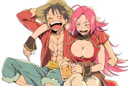 Rule 34 | 10s, 1boy, 1girl, ^ ^, abs, ahoge, black hair, blouse, blush, breasts, choker, cleavage, closed eyes, crossover, fate/extra, fate/grand order, fate (series), francis drake (fate), hat, jacket, long hair, monkey d. luffy, muscular, one piece, open clothes, open mouth, open shirt, pants, pink hair, scar, shirt, short hair, shorts, simple background, sitting, trait connection, white background