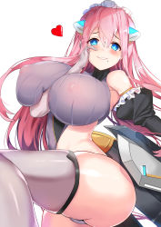 Rule 34 | 1girl, absurdres, ass, blue eyes, blush, breasts, deogho (liujinzy9854), grey thighhighs, grin, hair between eyes, heart, highres, huge breasts, last origin, long hair, looking at viewer, maid headdress, mole, mole under mouth, parted lips, pink hair, see-through, serapias alice, simple background, smile, solo, thighhighs, thighs, very long hair, white background, yandere