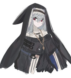 Rule 34 | 1girl, arknights, black capelet, black cloak, black dress, capelet, chain, chain necklace, cloak, closed mouth, commentary, dress, echj, habit, hair between eyes, highres, jewelry, long hair, looking at viewer, necklace, nun, red eyes, silver hair, simple background, solo, specter (arknights), upper body, veil, white background