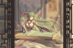 1girl absurdres alternate_costume alternate_eye_color alternate_hair_color architecture arm_tattoo chinese_clothes east_asian_architecture floating_hair flower green_eyes green_hair guzheng hanfu hatsune_miku highres indoors instrument jiaoling_ruqun long_hair music pifinity playing_instrument scroll sitting solo stool tattoo twintails vase very_long_hair vocaloid zither