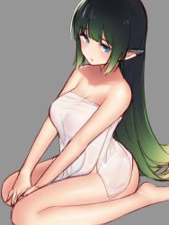 Rule 34 | 1girl, bare legs, barefoot, blue eyes, breasts, cleavage, ear covers, from above, green hair, grey background, highres, large breasts, long hair, looking at viewer, looking up, naked towel, nezuko, original, pointy ears, simple background, sitting, solo, towel, very long hair, wariza, white towel