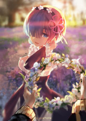 Rule 34 | 10s, 1girl, artist name, azomo, black dress, blue eyes, blue hair, breasts, cleavage, detached sleeves, dress, evening, field, floral background, flower, flower field, from behind, hair ornament, hairclip, head wreath, highres, looking at viewer, maid, maid headdress, md5 mismatch, medium breasts, open mouth, out of frame, pov, pov hands, re:zero kara hajimeru isekai seikatsu, rem (re:zero), short hair, solo focus, sunlight, x hair ornament