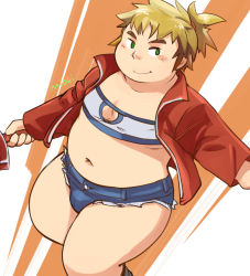 Rule 34 | 1boy, artist name, blush, closed mouth, commentary request, cosplay, crossdressing, fate/apocrypha, fate (series), feet out of frame, green eyes, holding, jacket, long sleeves, looking at viewer, looking to the side, male focus, medium hair, mioki, mordred (fate), mordred (fate/apocrypha), mordred (fate/apocrypha) (cosplay), navel, open clothes, open jacket, orange background, ponytail, shorts, solo, thick thighs, thighs, torn clothes, torn legwear, white background