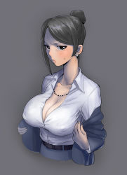 Rule 34 | 1girl, bad id, bad pixiv id, bijin onna joushi takizawa-san, black eyes, black hair, breasts, cleavage, colored skin, covered erect nipples, dated, earrings, formal, hair bun, highres, ikuchan kaoru, jewelry, large breasts, long hair, mole, mole under mouth, multicolored skin, necklace, office lady, pout, single hair bun, solo, suit, sweat, takizawa, takizawa kyouko