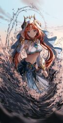 Rule 34 | 1girl, blue eyes, breasts, brooch, fake horns, genshin impact, hand up, highres, horns, jewelry, large breasts, long hair, long sleeves, looking at viewer, navel, nilou (genshin impact), orange hair, outdoors, parted bangs, silence girl, smile, solo, twintails, water