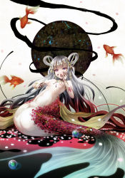 Rule 34 | 1girl, blood, blood on hands, bracelet, cherry blossoms, egg, licking finger, fins, fish, flat chest, funakura, goldfish, hair ornament, hair rings, highres, hikimayu, hime cut, jewelry, licking, long hair, mermaid, monster girl, multicolored hair, navel, necklace, nipples, original, petals, pink eyes, reclining, red hair, ribs, scales, silver hair, small breasts, solo, very long hair, white background