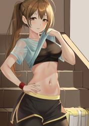 Rule 34 | 1girl, absurdres, ahoge, black pantyhose, black shorts, clothes lift, collarbone, copyright request, cowboy shot, crop top, hair ornament, hairclip, hand on own hip, hand up, highres, long hair, looking at viewer, midriff, navel, pantyhose, parted lips, ponytail, see-through, shirt, shirt lift, short shorts, short sleeves, shorts, sidelocks, solo, sports bra, standing, wet, wet clothes, wet shirt, yuzb