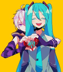 Rule 34 | 2girls, aqua hair, aqua necktie, arm warmers, hug, asymmetrical sleeves, bandaged arm, bandages, bare shoulders, behind another, black sleeves, blouse, commentary, facing viewer, fingerless gloves, flower (vocaloid), gloves, grey shirt, hair ornament, half-closed eyes, hatsune miku, heart, heart hands, highres, jacket, kanji, kazuse616, long hair, looking at viewer, multiple girls, nail polish, necktie, purple eyes, purple hair, purple jacket, purple nails, shirt, short hair, single arm warmer, sleeveless, sleeveless jacket, sleeveless shirt, translated, twintails, flower (vocaloid4), very long hair, vocaloid, white hair, yellow background