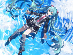 Rule 34 | 1girl, aluppia, black jacket, black skirt, blazer, blue hair, blue sky, brown footwear, cloud, collared shirt, commentary request, day, green eyes, hair between eyes, hatsune miku, highres, jacket, kneehighs, loafers, long hair, long sleeves, looking at viewer, necktie, open clothes, open jacket, outdoors, parted lips, partially submerged, pleated skirt, red necktie, reflection, school uniform, shirt, shoes, skirt, sky, socks, solo, very long hair, vocaloid, white shirt, white socks