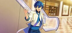 Rule 34 | 1boy, blue hair, blue pants, bow, bowtie, buttons, checkered floor, collared shirt, ensemble stars!, escalator, hair between eyes, happy elements, jacket, lapels, long sleeves, loose necktie, male focus, necktie, official art, open clothes, open jacket, open mouth, pants, sazanami jun, shirt, short hair, solo, teeth, third-party source, upper body, upper teeth only, white shirt, yellow eyes