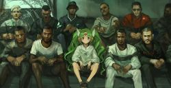 Rule 34 | 1girl, 6+boys, adidas, baseball cap, black hair, black legwear, black shorts, blue eyes, blush, closed mouth, dark skin, facial hair, falulu, forehead jewel, goatee, green hair, hat, head tilt, headphones, highres, jacket, lm7 (op-center), long hair, long sleeves, looking at viewer, multiple boys, mustache, nike (company), odd one out, outstretched arm, own hands together, pants, parted bangs, pointing, pointing at viewer, pretty series, pripara, shirt, shoes, short hair, shorts, sitting, sneakers, socks, sunglasses, track jacket, twintails, very dark skin, very long hair, white jacket, white shirt, white wings, wings