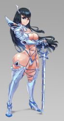 Rule 34 | 1girl, ass, black hair, breasts, cleavage, cosplay, cutesexyrobutts, highres, hip focus, huge ass, isabella valentine, isabella valentine (cosplay), kill la kill, kiryuuin satsuki, long hair, looking at viewer, navel, skindentation, smile, solo, soul calibur, stomach, sword, thick thighs, thighhighs, thighs, transforming weapon, weapon, whip sword, wide hips