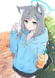 Rule 34 | 1girl, animal ear fluff, animal ears, azisai, baggy clothes, black skirt, blue archive, blue eyes, blue halo, blue hoodie, blue nails, brick floor, bush, cellphone, collarbone, commentary request, cowboy shot, cross hair ornament, cup, day, disposable cup, drinking straw, earbuds, earphones, food, grey hair, hair ornament, halo, highres, holding, holding cup, holding phone, hood, hoodie, light blush, looking at viewer, miniskirt, mismatched pupils, outdoors, parted lips, phone, pleated skirt, removing earbuds, shiroko (blue archive), single earphone removed, skirt, sleeves past wrists, smartphone, smoothie, solo, standing, wireless earphones, wolf ears