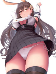 Rule 34 | 1girl, animal ears, armpits, arms up, ass, azur lane, black thighhighs, blush, braid, breast curtains, breasts, brown eyes, brown hair, chikuma (azur lane), cleavage, clothes lift, collar, hair ornament, high-waist skirt, highres, large breasts, long hair, long sleeves, looking at viewer, melopun, mole, mole under mouth, necktie, open mouth, panties, rabbit ears, sideboob, skirt, solo, thighhighs, thighs, underwear, white panties