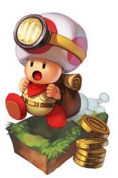 Rule 34 | backpack, bag, belt, brown pants, captain toad, captain toad: treasure tracker, coin, full body, gold, gold coin, grass, hat, hungry clicker, male focus, mario (series), mushroom hat, nintendo, open mouth, pants, red footwear, running, shoes, simple background, solo, toad (mario), white background