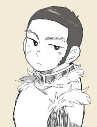 Rule 34 | 1boy, aged down, beard stubble, black hair, buzz cut, facial hair, golden kamuy, greyscale with colored background, long sideburns, looking at viewer, looking to the side, male focus, short hair, sideburns, sketch, solo, souda (sosoda), stubble, tanigaki genjirou, upper body, very short hair