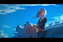 Rule 34 | 1girl, blue eyes, blue sky, closed mouth, cloud, cloudy sky, hair between eyes, highres, honkai (series), honkai impact 3rd, letterboxed, long hair, long sleeves, looking at viewer, nun, outdoors, ruochongsang, side ponytail, sitting, sky, solo, theresa apocalypse, theresa apocalypse (valkyrie pledge), white hair