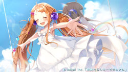 Rule 34 | 1girl, artist request, blue eyes, blue sky, blush, dress, forehead, hair ornament, key visual, long hair, looking at viewer, maronie., mikoshi taran, official art, open mouth, orange hair, promotional art, re:act, sky, smile, solo, teeth, twintails, upper teeth only, very long hair, virtual youtuber, white dress