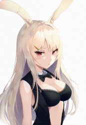 Rule 34 | 1girl, absurdres, animal ears, bare shoulders, black bra, black shirt, bow, bowtie, bra, breasts, rabbit ears, carrot hair ornament, cleavage, closed mouth, danraz0r, detached collar, food-themed hair ornament, hair ornament, highres, huge filesize, lace, lace-trimmed bra, lace trim, long hair, looking at viewer, medium breasts, open clothes, open shirt, original, rabbit girl, red eyes, shirt, simple background, sleeveless, sleeveless shirt, solo, stomach, underwear, upper body, v-shaped eyebrows, white background, white hair