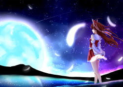 Rule 34 | 1girl, arms behind back, bad id, bad pixiv id, bare legs, blue moon, bow, brown hair, detached sleeves, facing away, feathers, frilled vest, frills, from behind, full moon, hair bow, hair tubes, hakurei reimu, hands in opposite sleeves, highres, lake, light smile, long hair, moon, mountain, night, night sky, outdoors, reflection, shooting star, skirt, skirt set, sky, solo, sparkle, standing, star (sky), starry sky, tianya beiming, touhou, vest