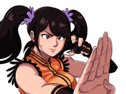 Rule 34 | 1girl, bare shoulders, black gloves, blush, breasts, closed mouth, fighting stance, fingerless gloves, gloves, hair ornament, hair scrunchie, highres, ling xiaoyu, lips, medium breasts, namco, scrunchie, simple background, solo, sweatdrop, tekken, tina fate, twintails, white background
