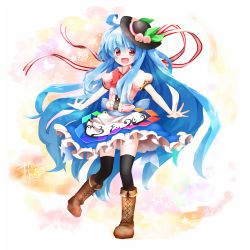 Rule 34 | 1girl, anzu ame, black thighhighs, blue hair, boots, bow, cross-laced footwear, dress, female focus, food, fruit, hat, hinanawi tenshi, lace-up boots, long hair, open mouth, peach, red eyes, ribbon, short sleeves, smile, solo, thighhighs, touhou