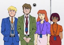 2boys 2girls arms_behind_back blonde_hair blunt_bangs blush bob_cut brown_hair commentary cowboy_shot daphne_blake facial_hair formal_clothes freckles fred_jones glasses goatee green_suit looking_at_viewer multiple_boys multiple_girls officeanomaly orange_shirt purple_shirt scooby-doo shaggy_rogers shirt suit velma_dinkley